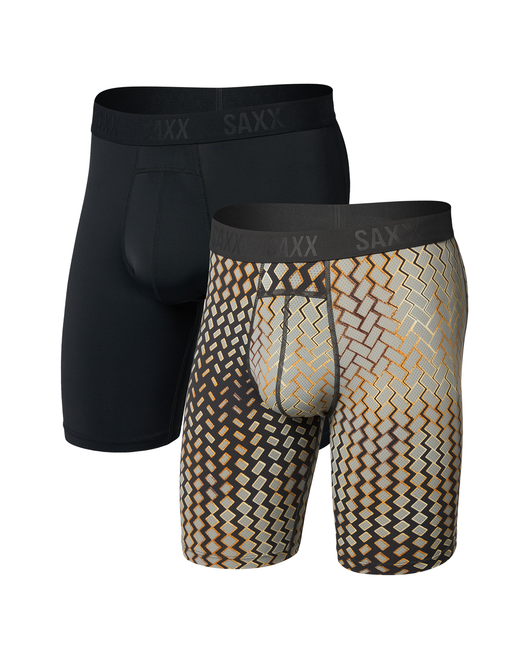 Two pairs of men's underwear, one black and one with a geometric pattern, on a white background.