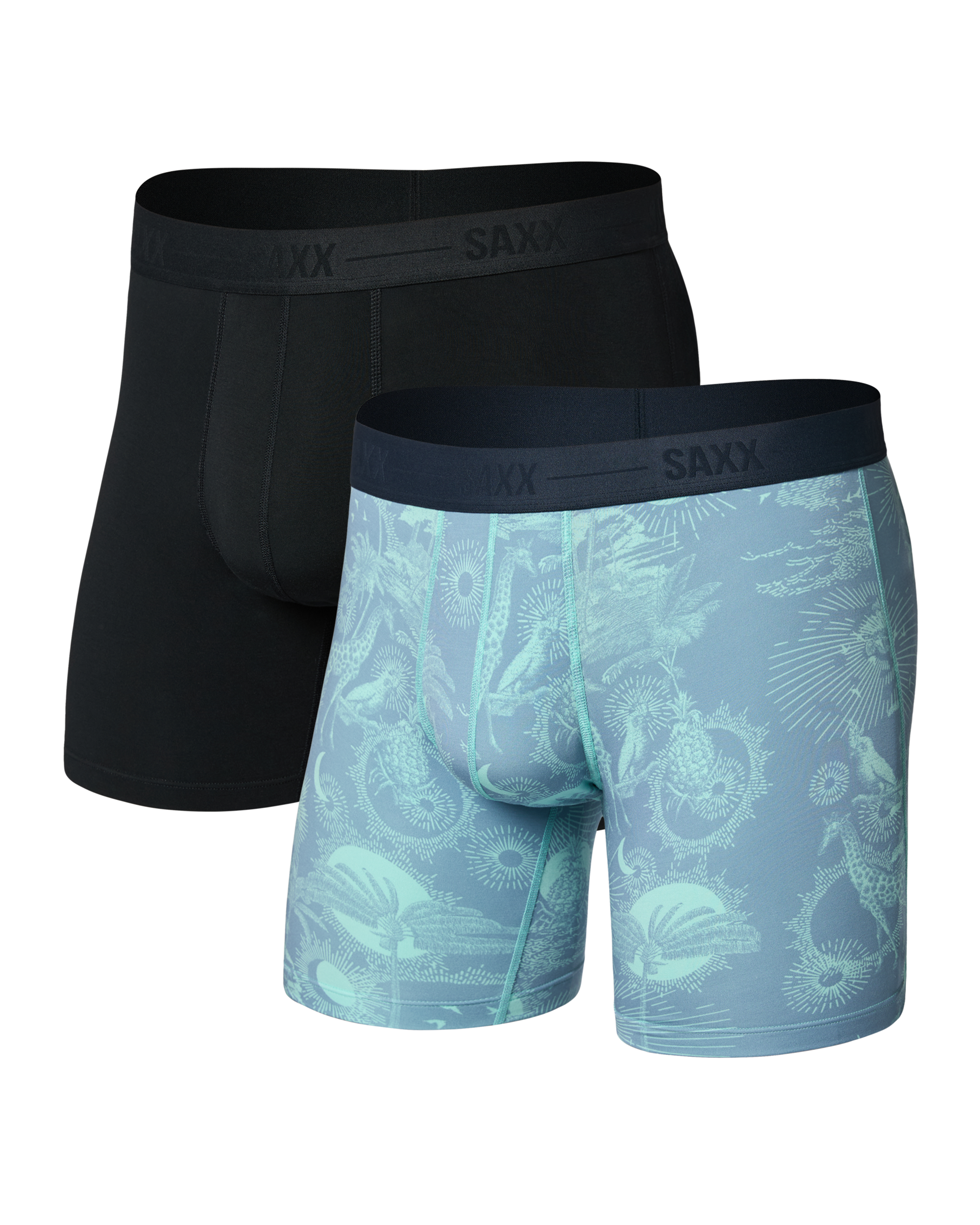 Two pairs of SAXX underwear, one black and one with a blue pattern, on a white background.