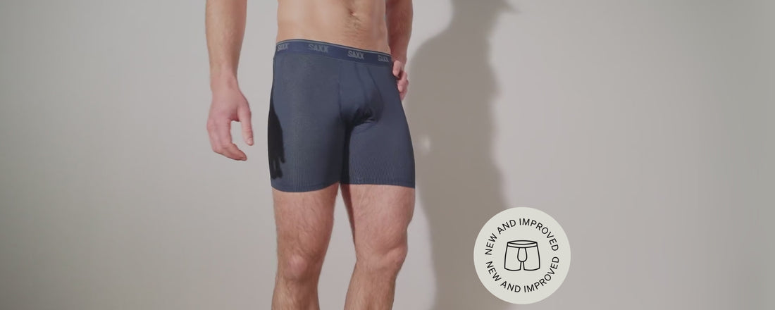 Video of model wearing SAXX Quest Quick-Dry Mesh Boxer Briefs.