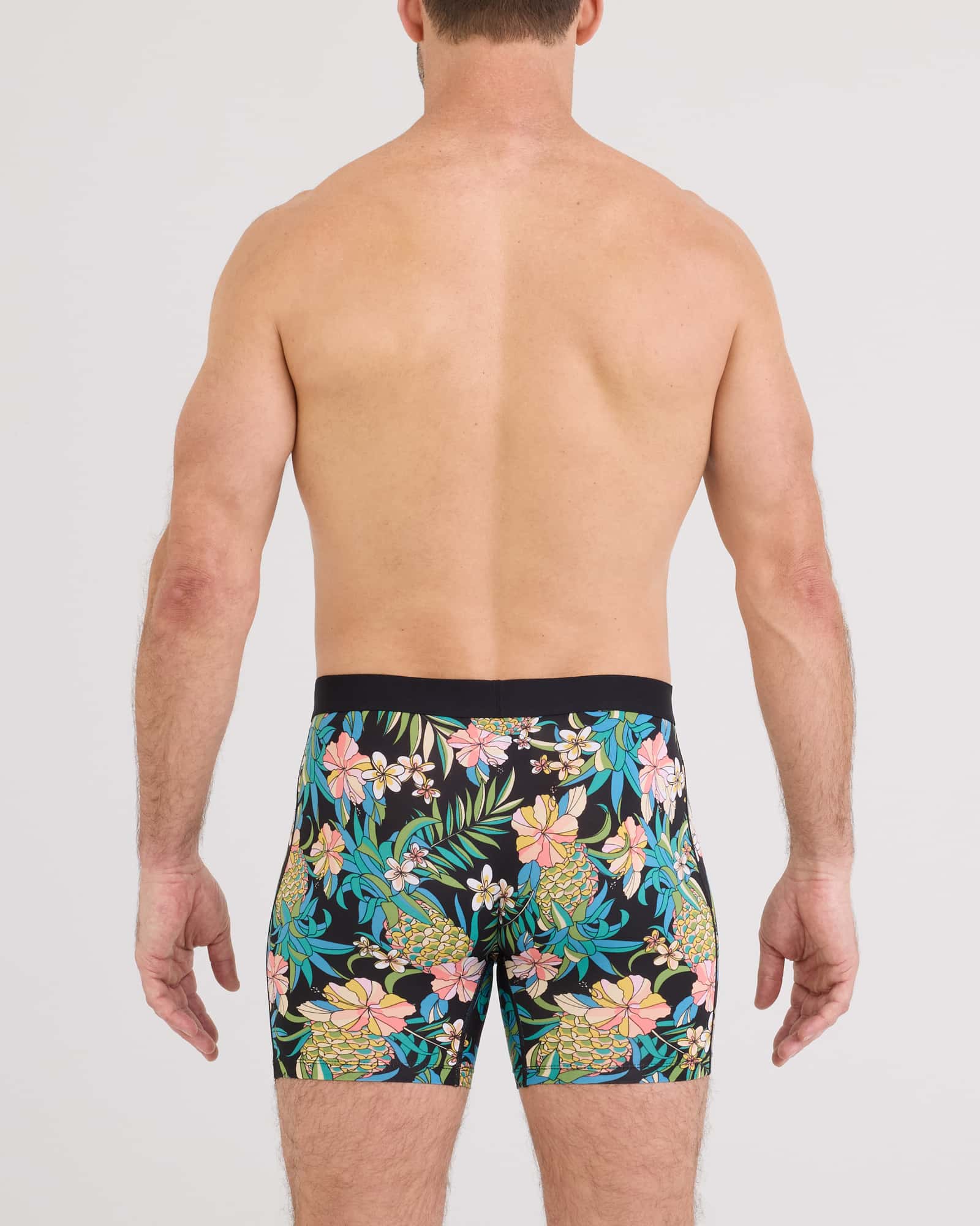Back - Model wearing Daytripper Comfort Stretch Boxer Brief 3 Pack in Pineapple Field/Tradewinds/Black