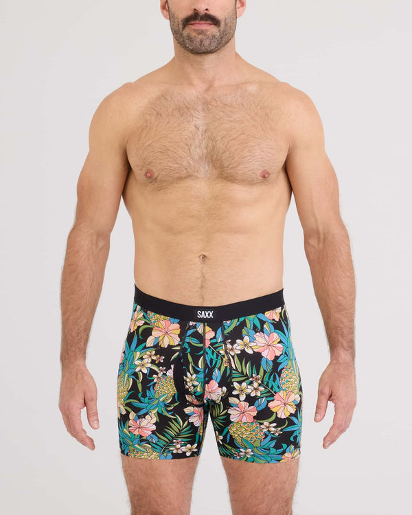 Front - Model wearing Daytripper Comfort Stretch Boxer Brief 3 Pack in Pineapple Field/Tradewinds/Black