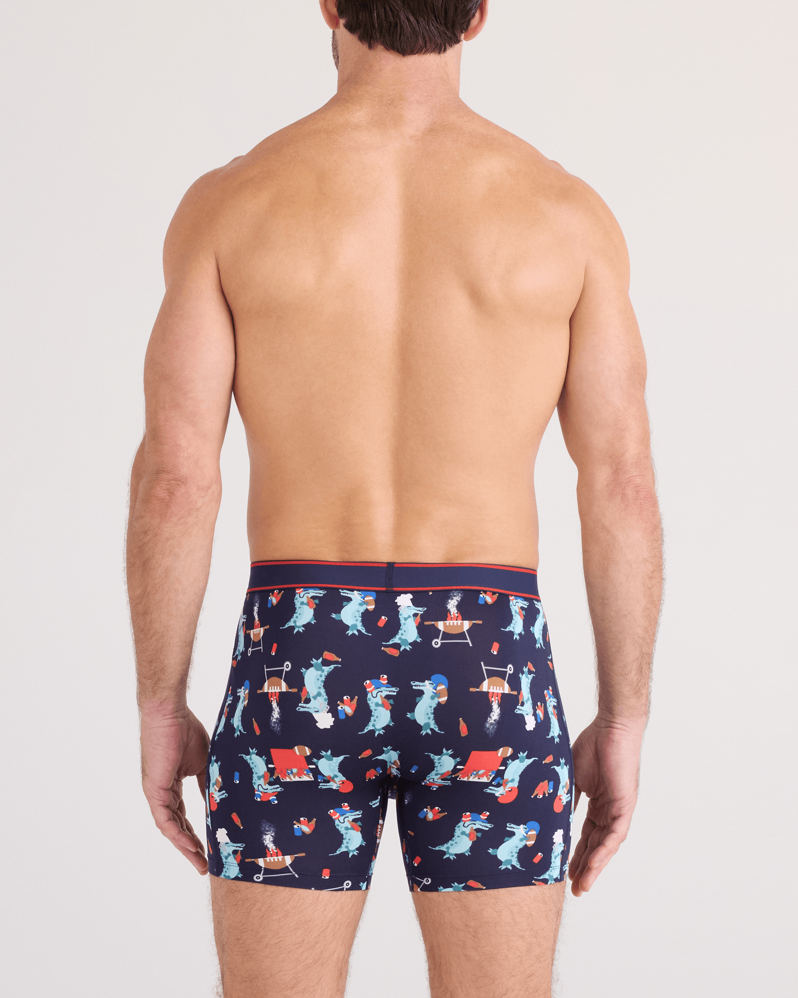 Back - Model wearing  Daytripper Comfort Stretch Boxer Brief Fly in Tailgator BBQ-Maritime
