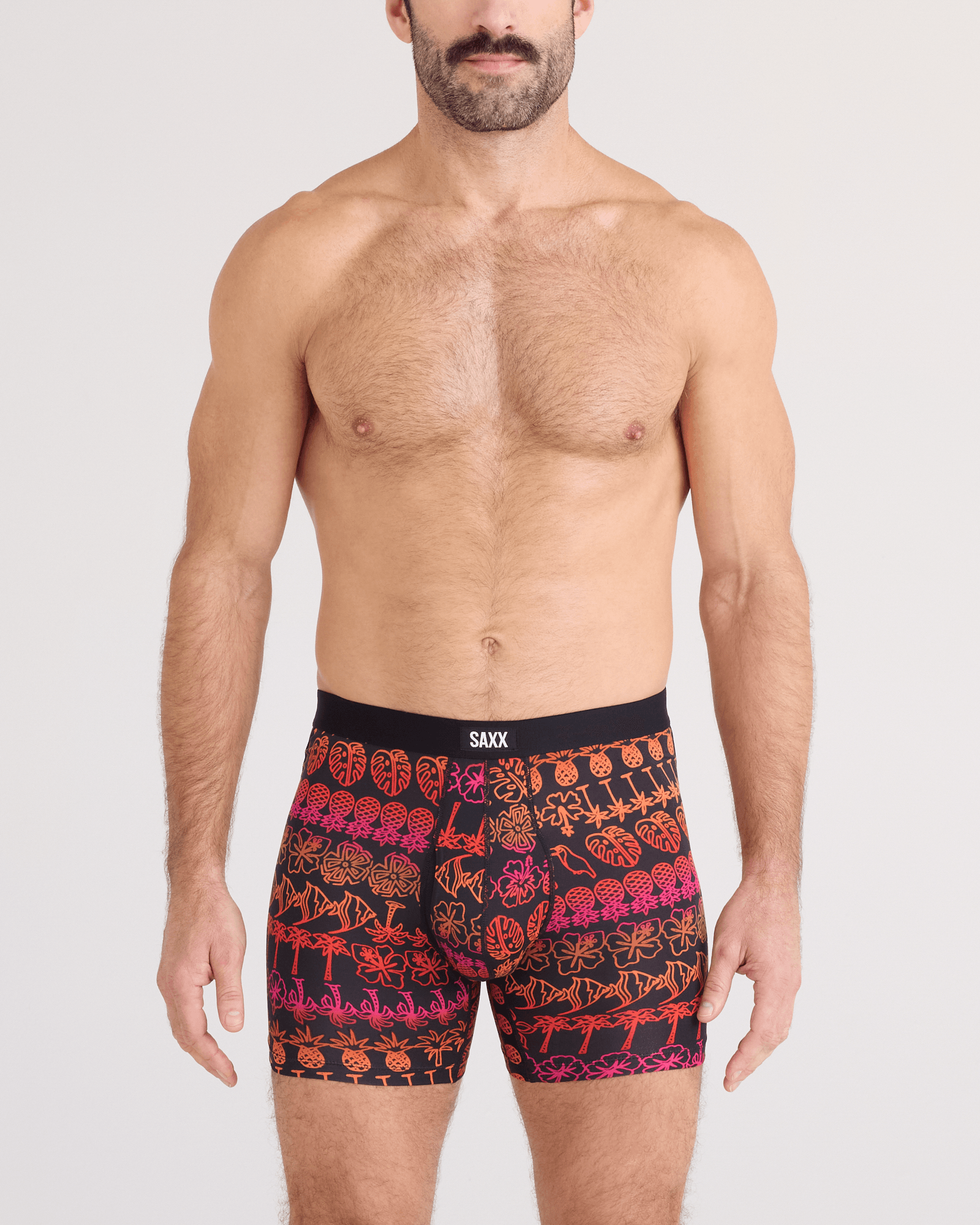 Front - Model wearing  Daytripper Comfort Stretch Boxer Brief Fly in Tropical Lineup-Black