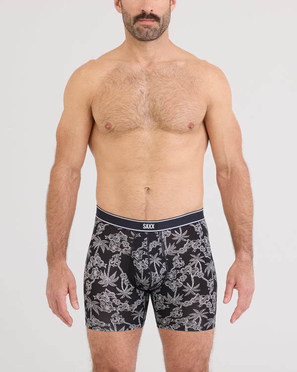 Front - Model wearing  Daytripper Comfort Stretch Boxer Brief Fly in Tropical Tattoo-Black