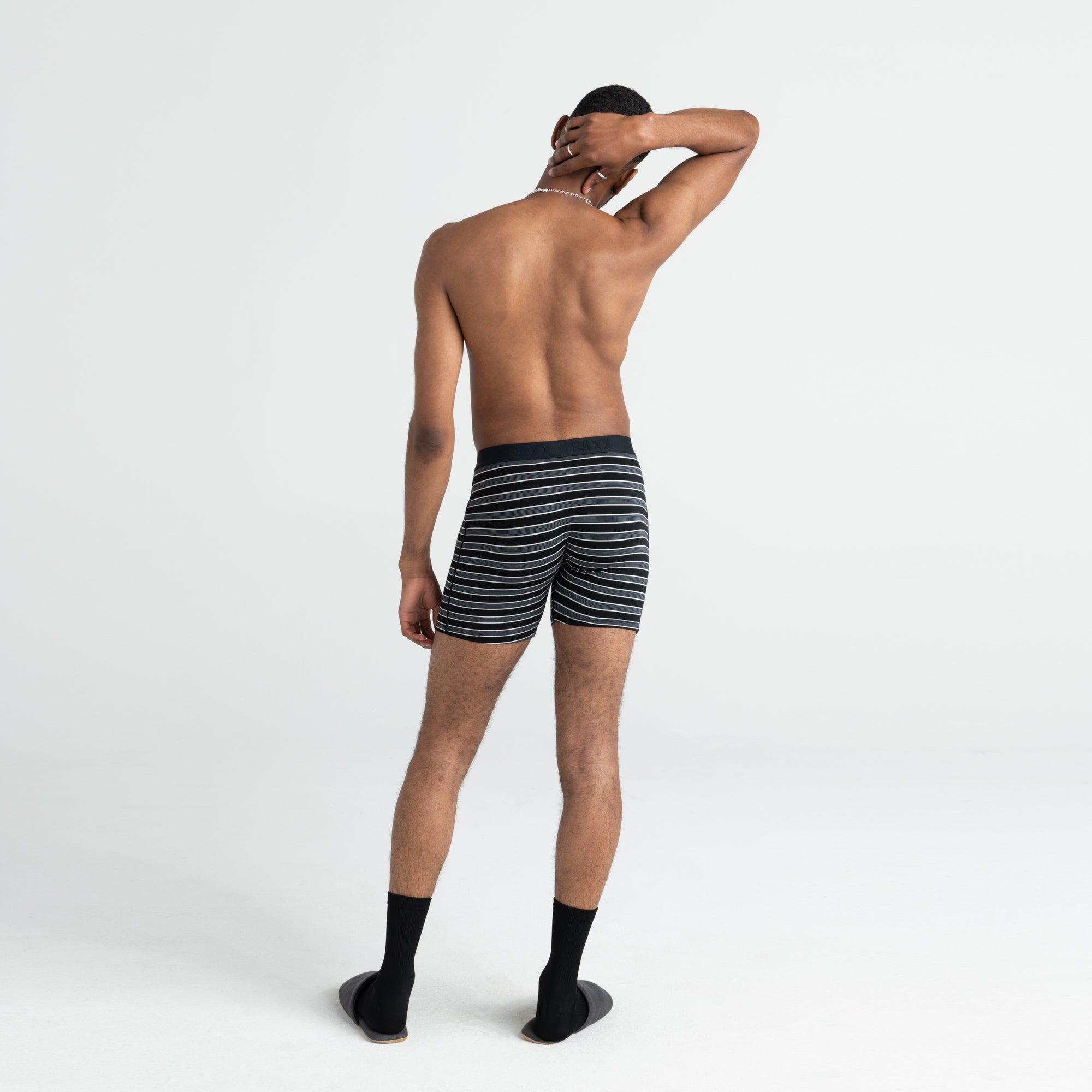 Back - Model wearing Ultra Boxer Brief Fly in Black Crew Stripe