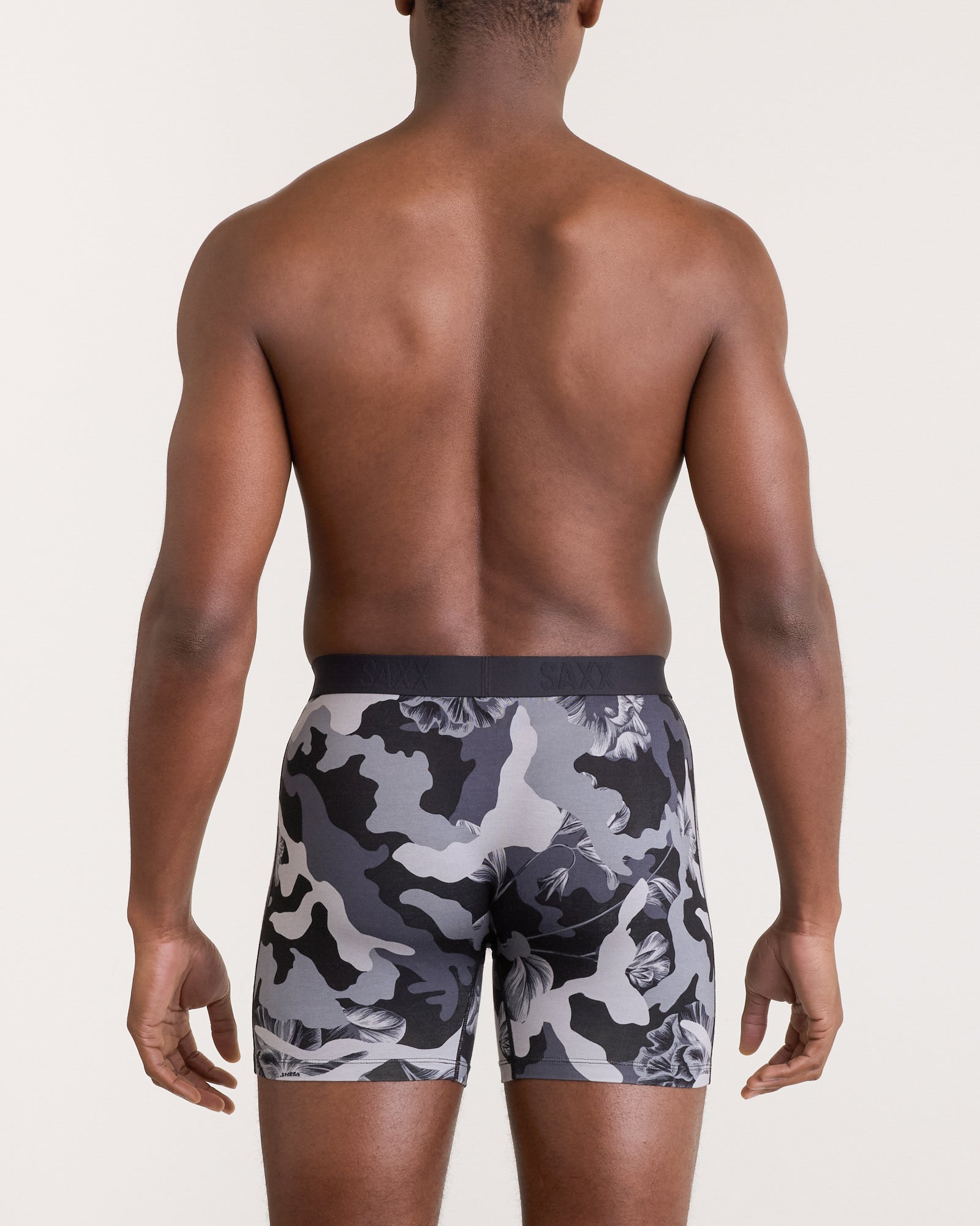 Back - Model wearing Ultra Super Soft Boxer Brief Fly in Camo Flora-Grey