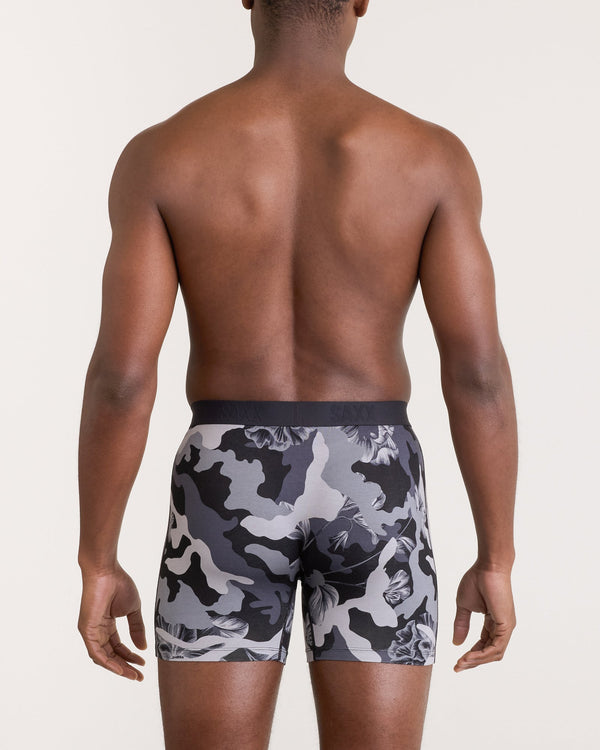 Back - Model wearing Ultra Super Soft Boxer Brief Fly in Camo Flora-Grey