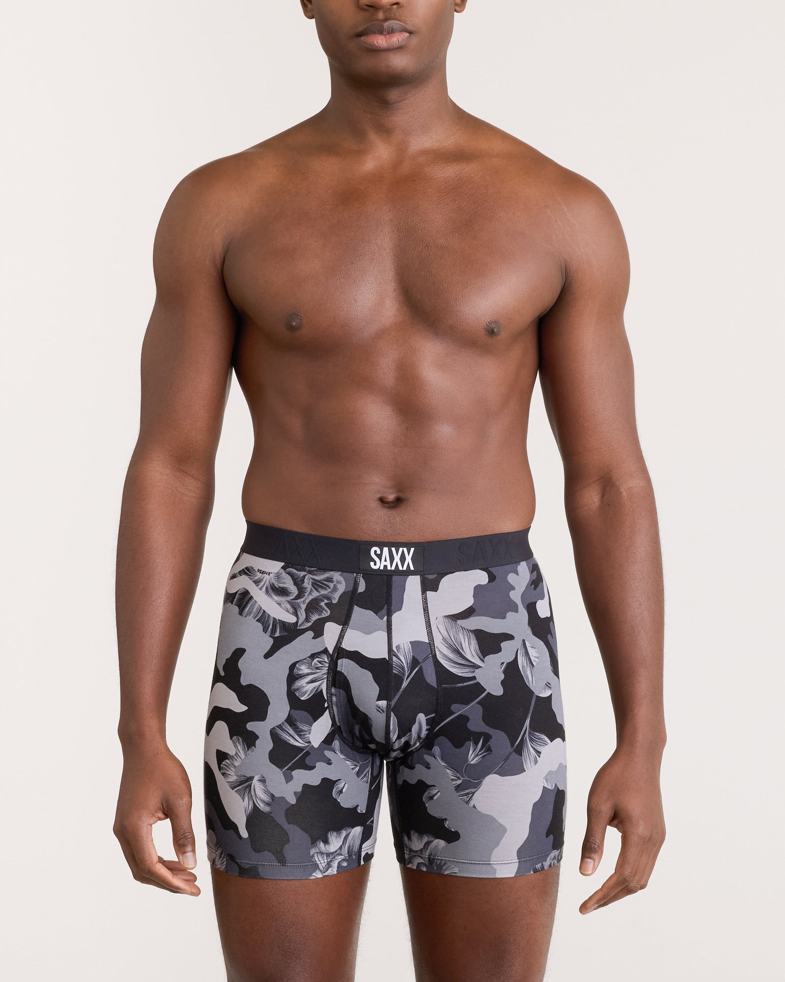 Front - Model wearing Ultra Super Soft Boxer Brief Fly in Camo Flora-Grey