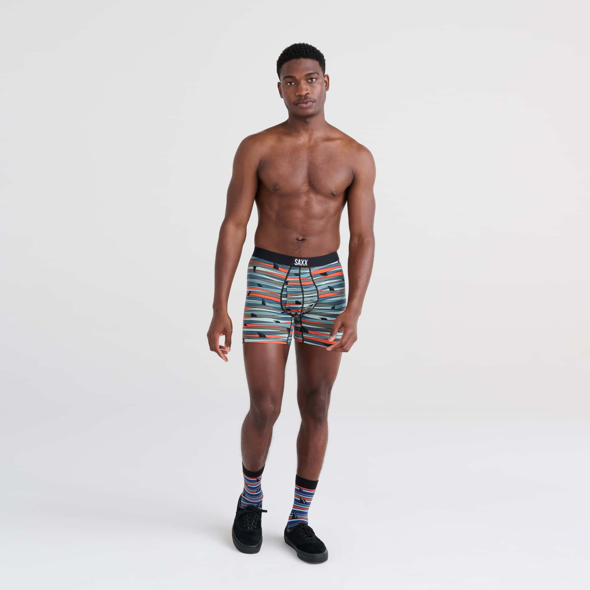 Front - Model wearing Ultra Boxer Brief in Fins- Blue Multi