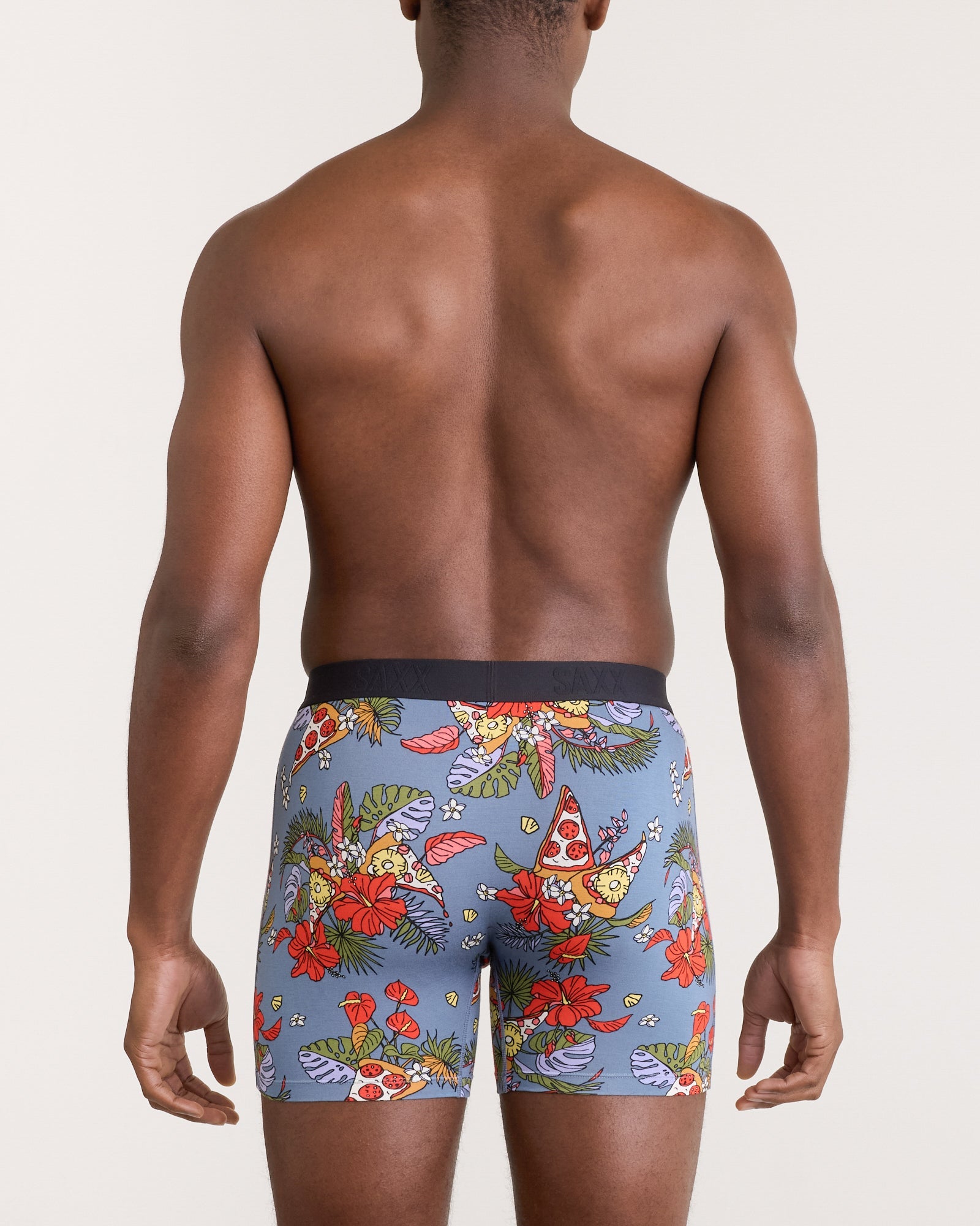 Back - Model wearing Ultra Super Soft Boxer Brief Fly in Hawaiian Pizza-Stone Blue
