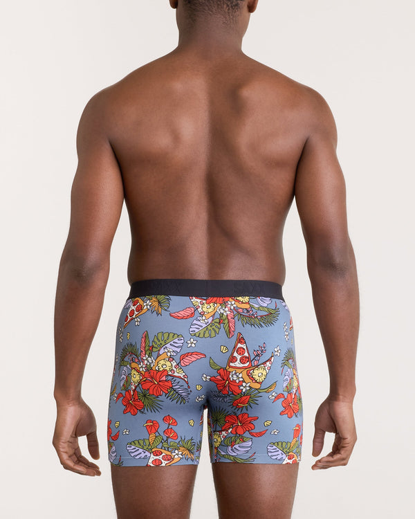 Back - Model wearing Ultra Super Soft Boxer Brief Fly in Hawaiian Pizza-Stone Blue