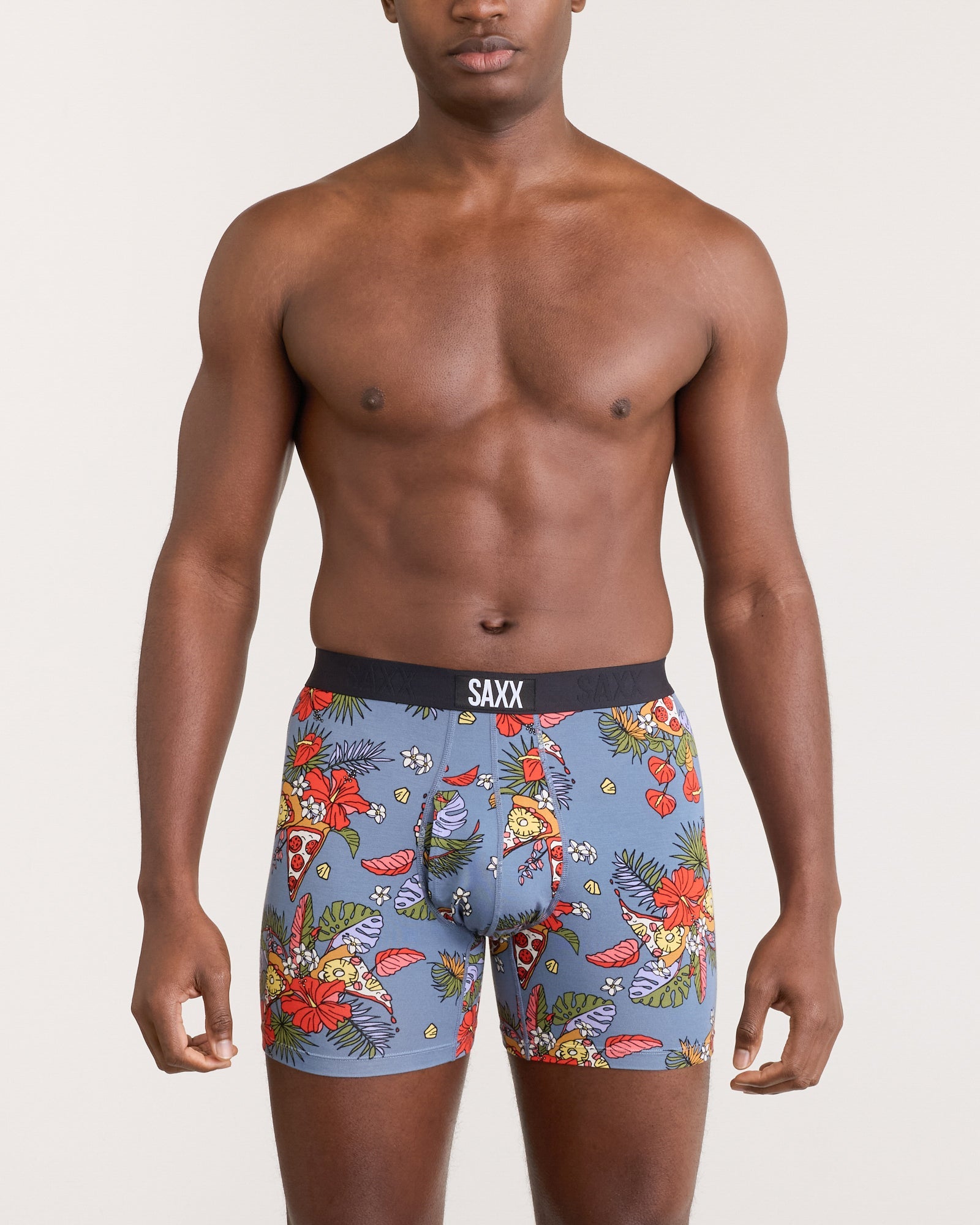 Front - Model wearing Ultra Super Soft Boxer Brief Fly in Hawaiian Pizza-Stone Blue
