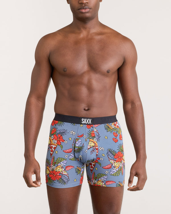 Front - Model wearing Ultra Super Soft Boxer Brief Fly in Hawaiian Pizza-Stone Blue