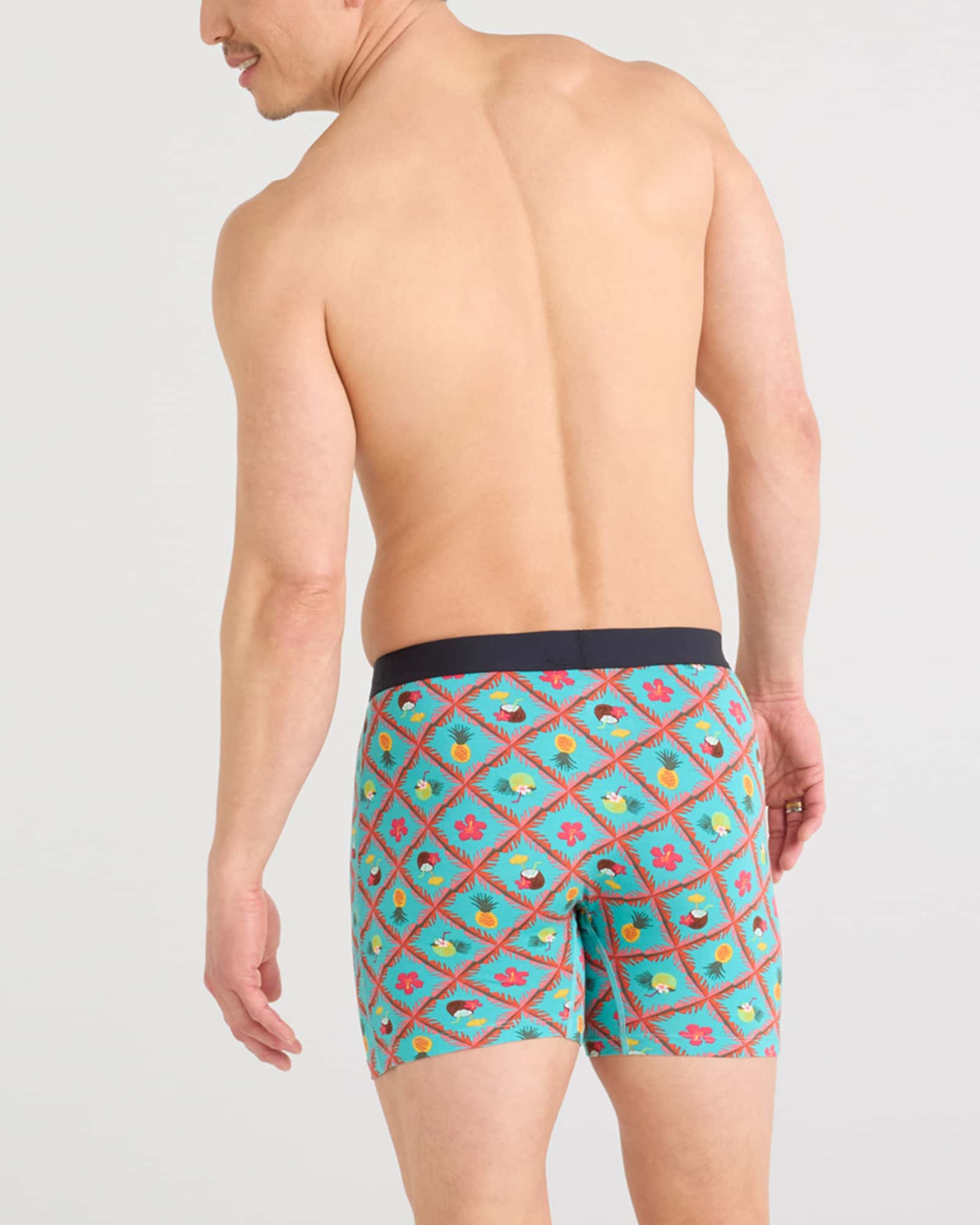 Back - Model wearing Ultra Super Soft Boxer Brief Fly in Pina Colada Plaid-Aqua