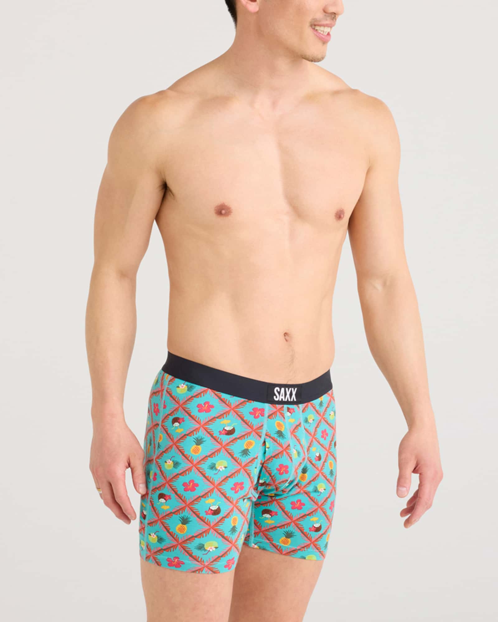 Front - Model wearing Ultra Super Soft Boxer Brief Fly in Pina Colada Plaid-Aqua