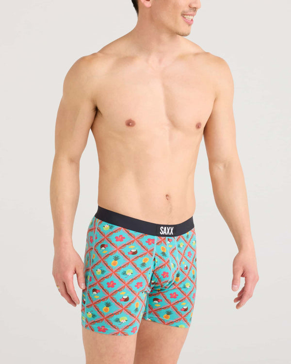 Front - Model wearing Ultra Super Soft Boxer Brief Fly in Pina Colada Plaid-Aqua