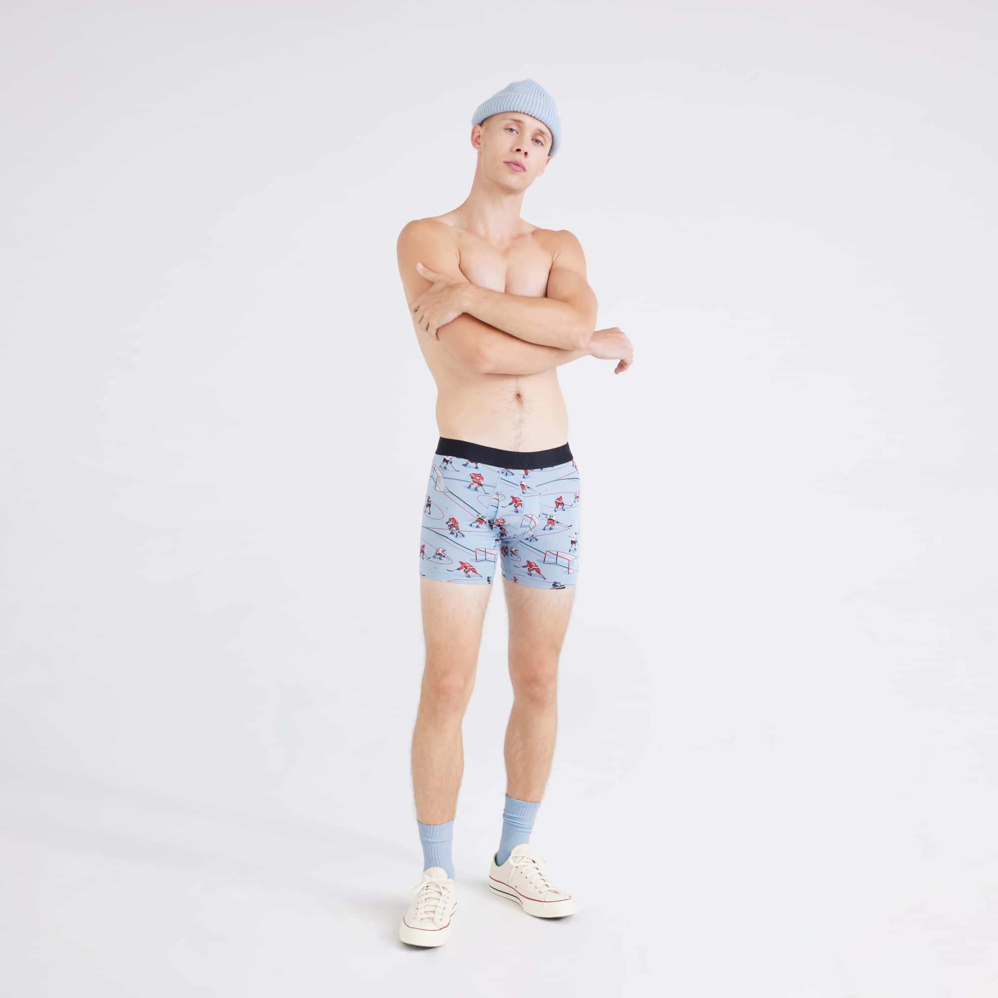 Front - Model wearing  Droptemp® Cooling Cotton Boxer Brief in Hockey Heroes-Dusty Blue