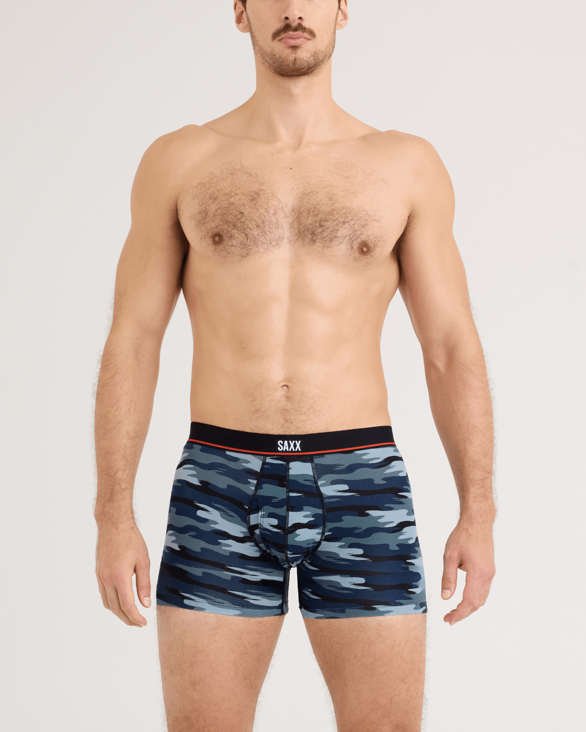 Front - Model wearing Non-Stop Stretch Cotton Boxer Brief Fly in Analog Wave Camo-Multi