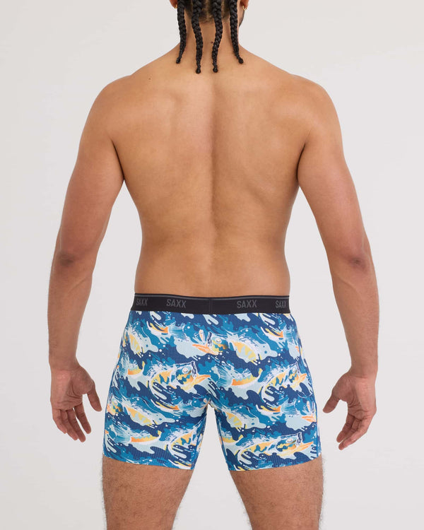 Back - Model wearing Quest Quick-Dry Mesh Boxer Brief Fly in Big Mouth Bass-Blue