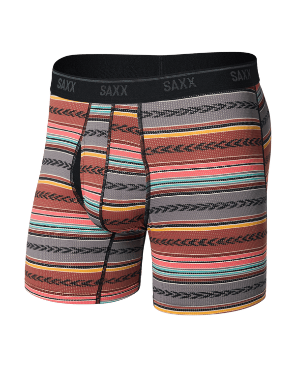 Front of Quest Quick-Dry Mesh Boxer Brief Fly in Globetrekker Stripe-Multi