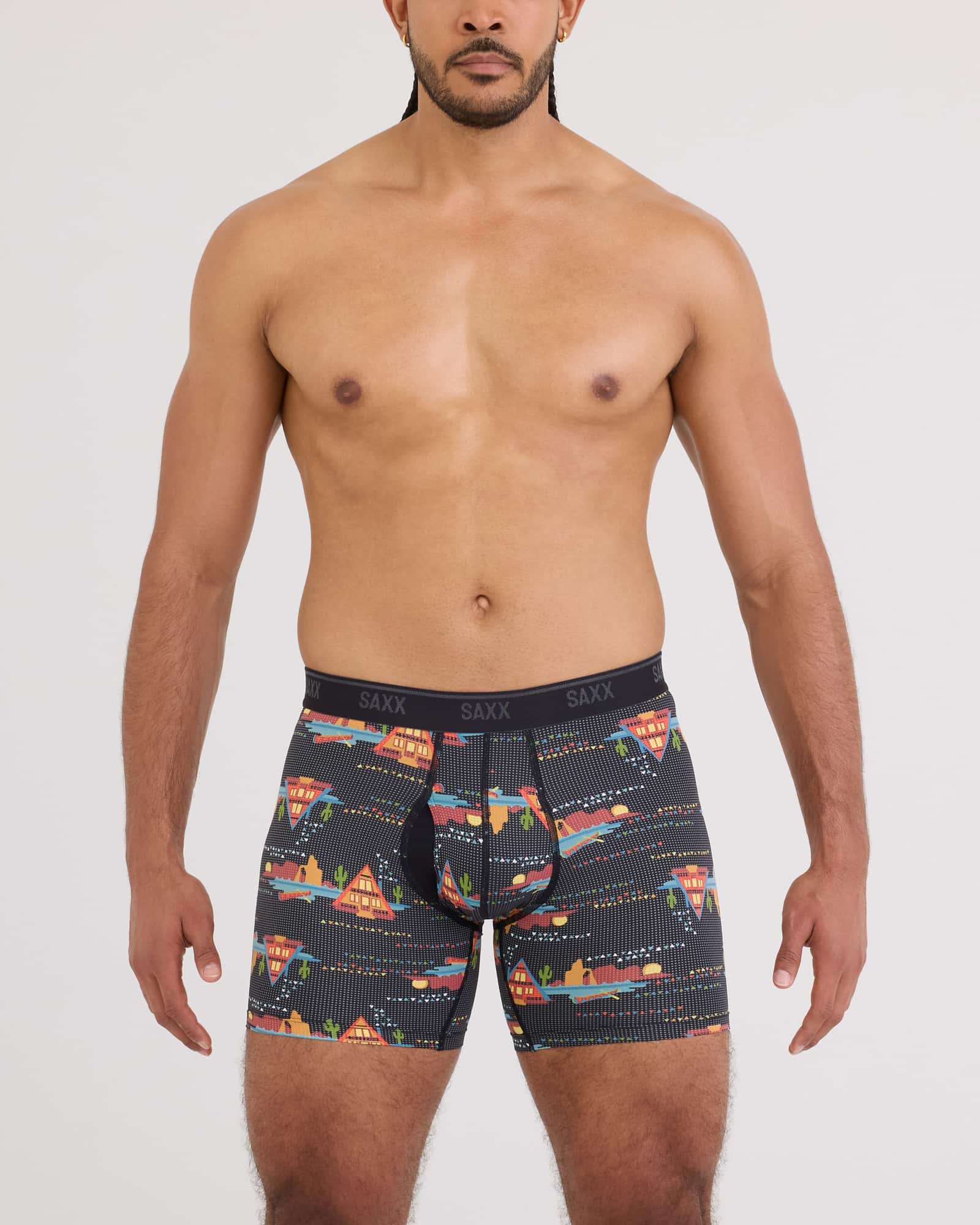 Front - Model wearing Quest Quick-Dry Mesh Boxer Brief Fly in Lakeside-Black