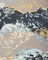 Textured fabric with abstract mountain pattern in black, blue, and beige.