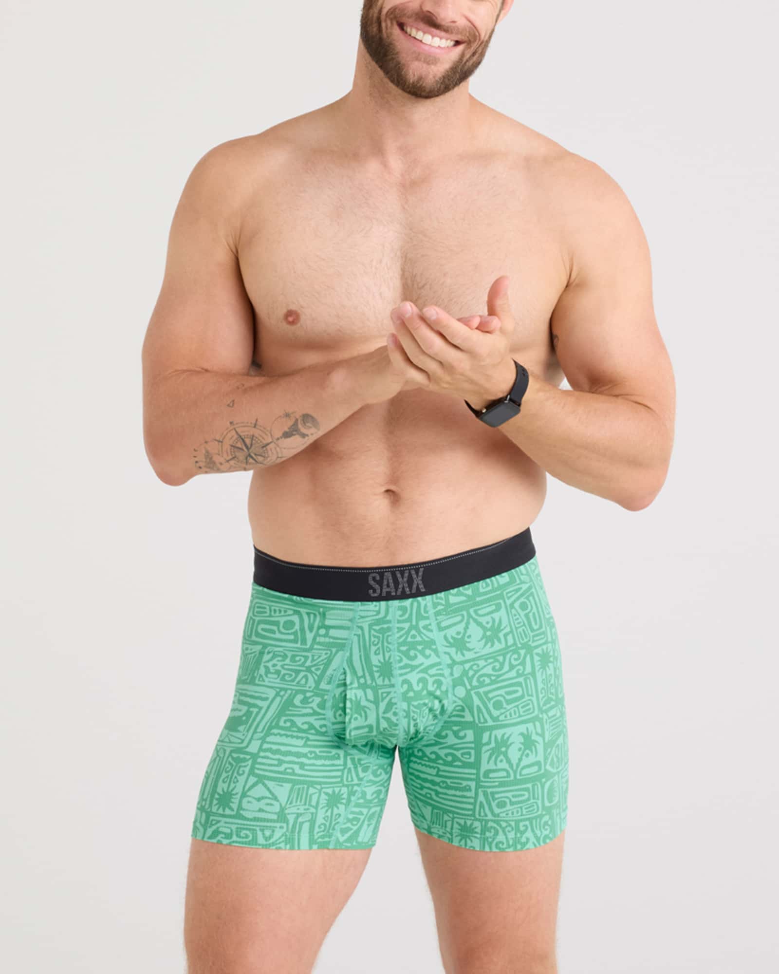 Front - Model wearing Quest Quick Dry Mesh Baselayer Boxer Brief Fly in Pretty Birdie-Green