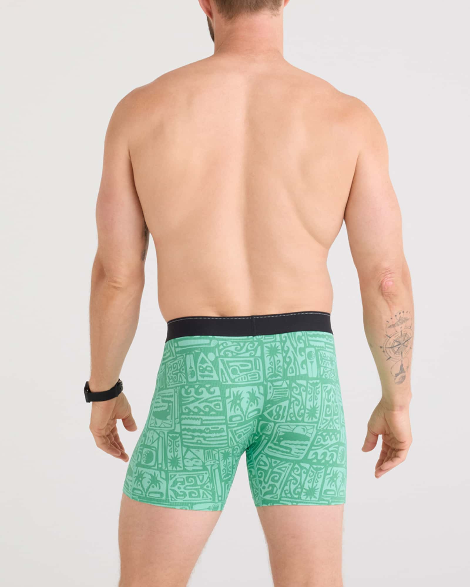 Back - Model wearing Quest Quick Dry Mesh Baselayer Boxer Brief Fly in Pretty Birdie-Green