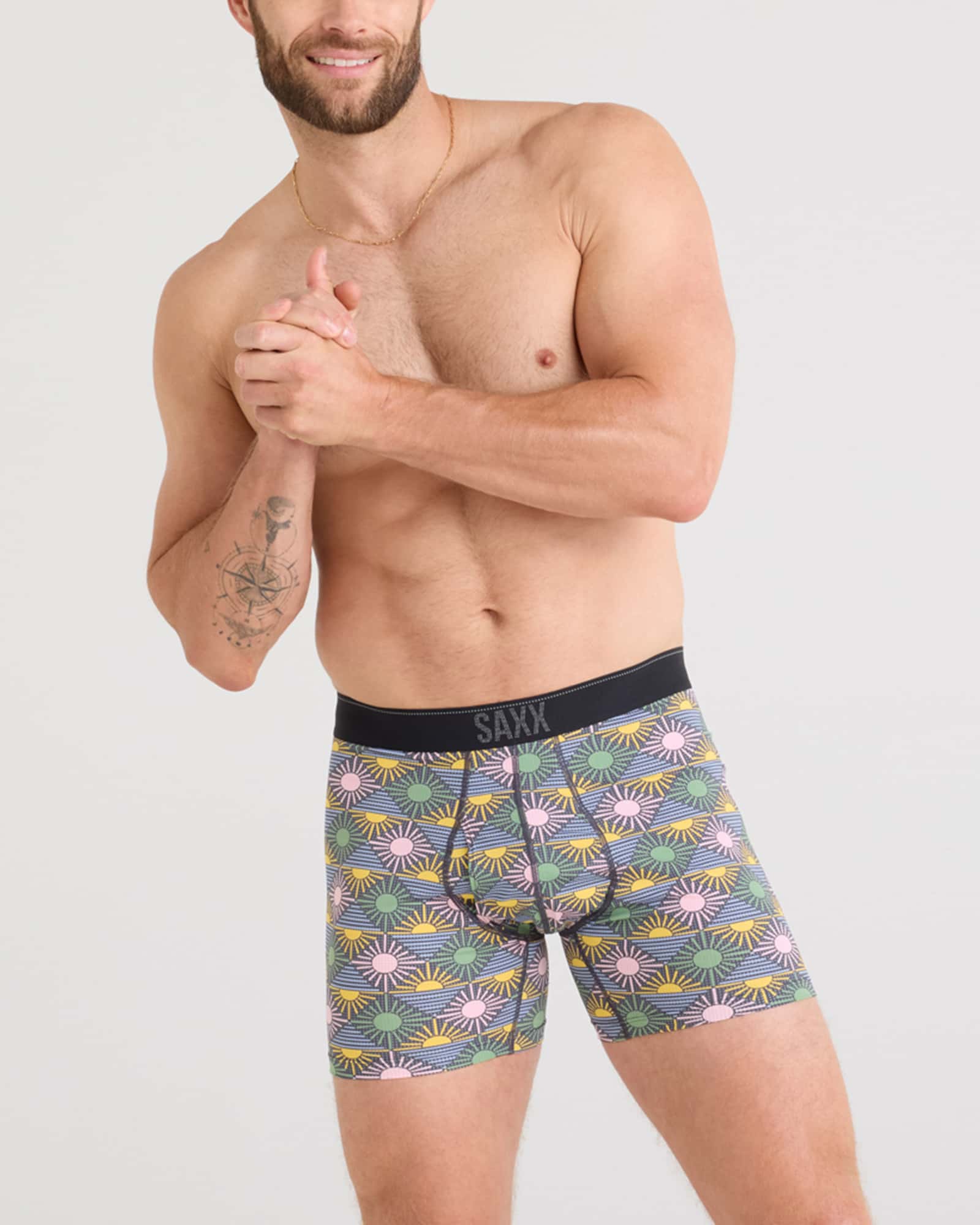 Front - Model wearing Quest Quick Dry Mesh Baselayer Boxer Brief Fly in Rise And Shine-Ebony