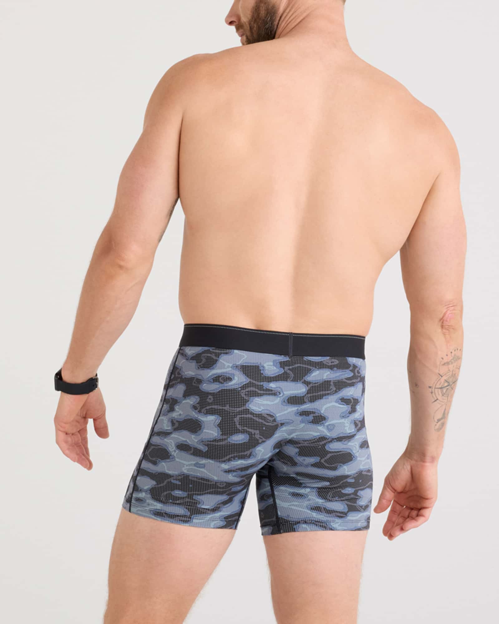 Back - Model wearing Quest Quick Dry Mesh Baselayer Boxer Brief Fly in Waterdrop Camo-Black
