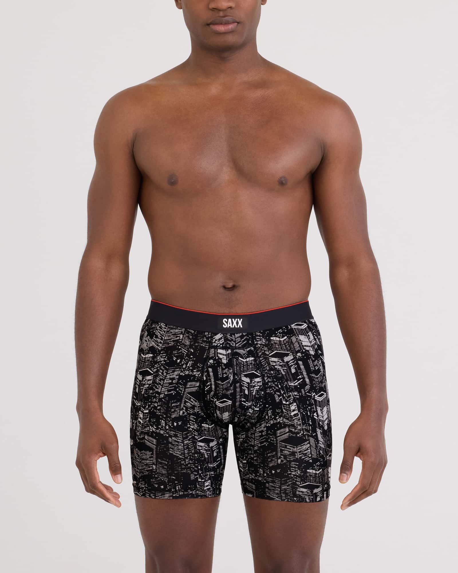Front - Model wearing Multi-Sport Mesh Boxer Brief Fly in Night City-Black