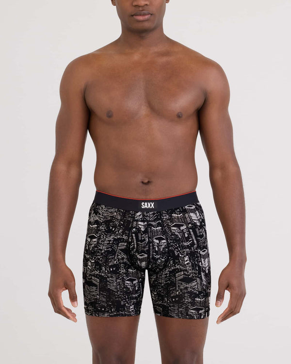 Front - Model wearing Multi-Sport Mesh Boxer Brief Fly in Night City-Black