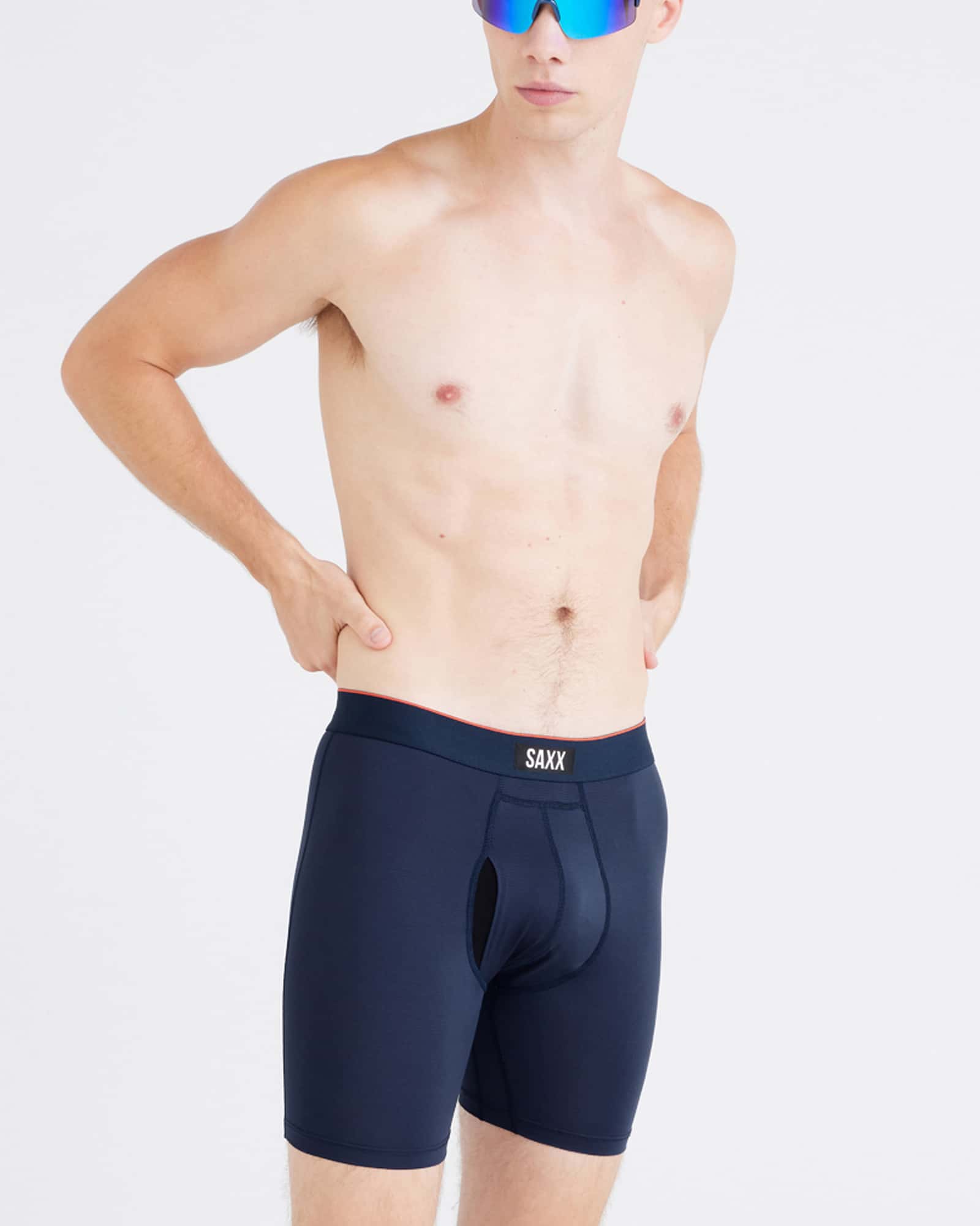 Front - Model wearing Multi-Sport Mesh Boxer Brief Fly 3Pk in Wavelength/Navy/Black