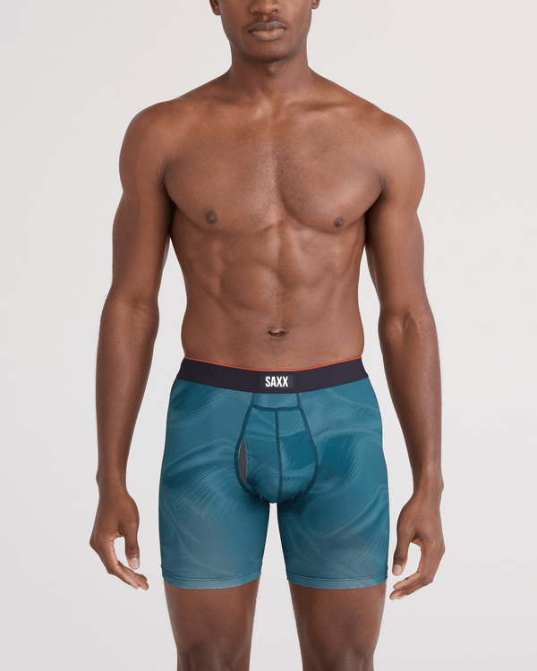 Front - Model wearing  Multi-Sport Mesh Boxer Brief Fly in Platinum Camo-Rich Teal