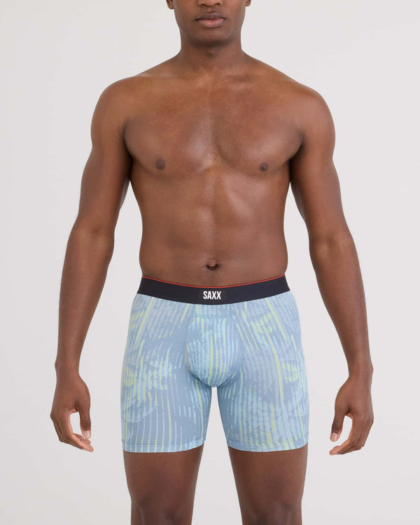 Front - Model wearing Multi-Sport Mesh Boxer Brief Fly in Palm Screen-Faded Denim