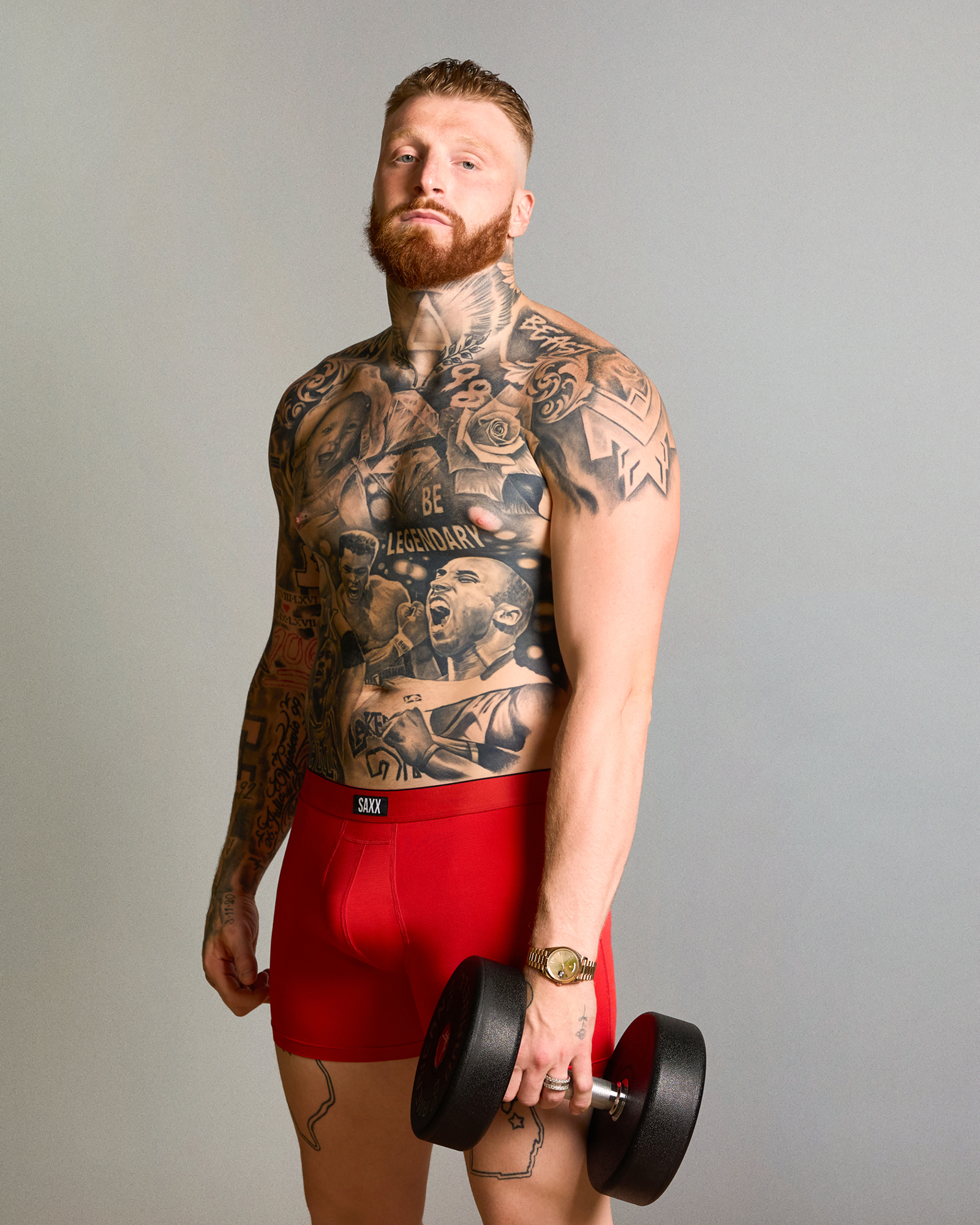 Maxx Crosby wearing SAXX Multi-Sport Mesh Boxer Brief in Sunset Red