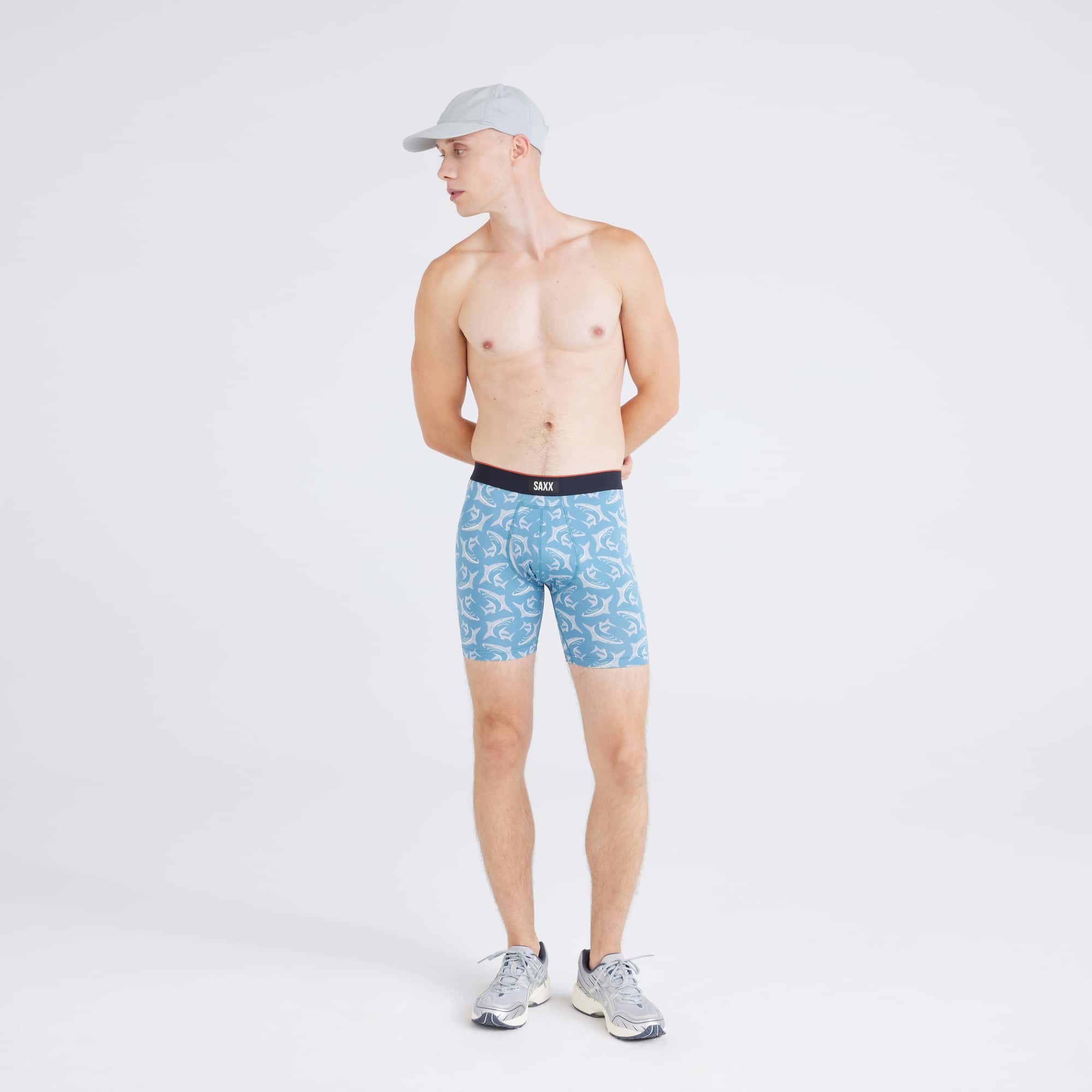 Front - Model wearing  Multi-Sport Mesh Boxer Brief in Swimpressive- Hydro Blue