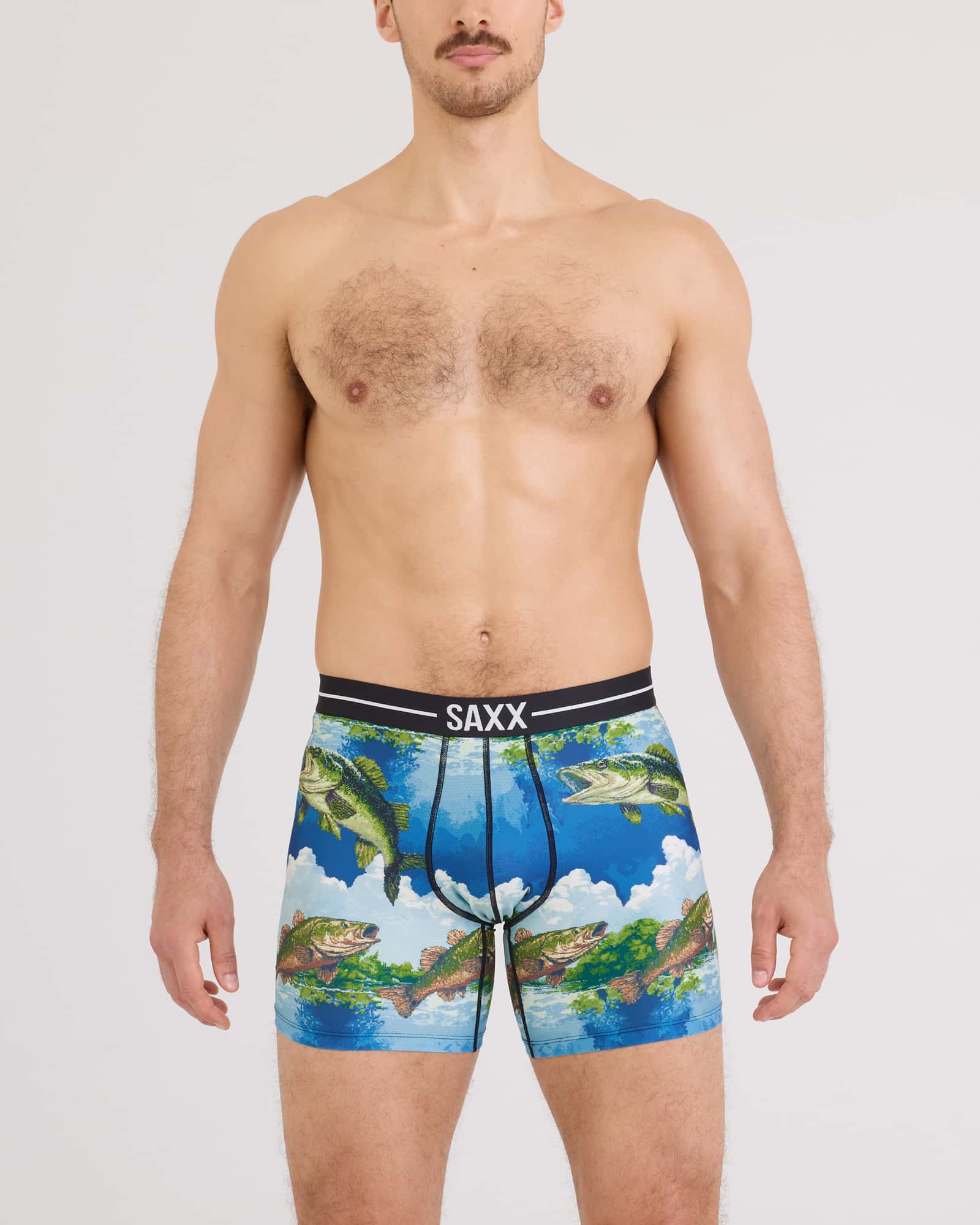 Front - Model wearing Volt Breathable Mesh Boxer Brief in Bitmap Big Mouth-Multi