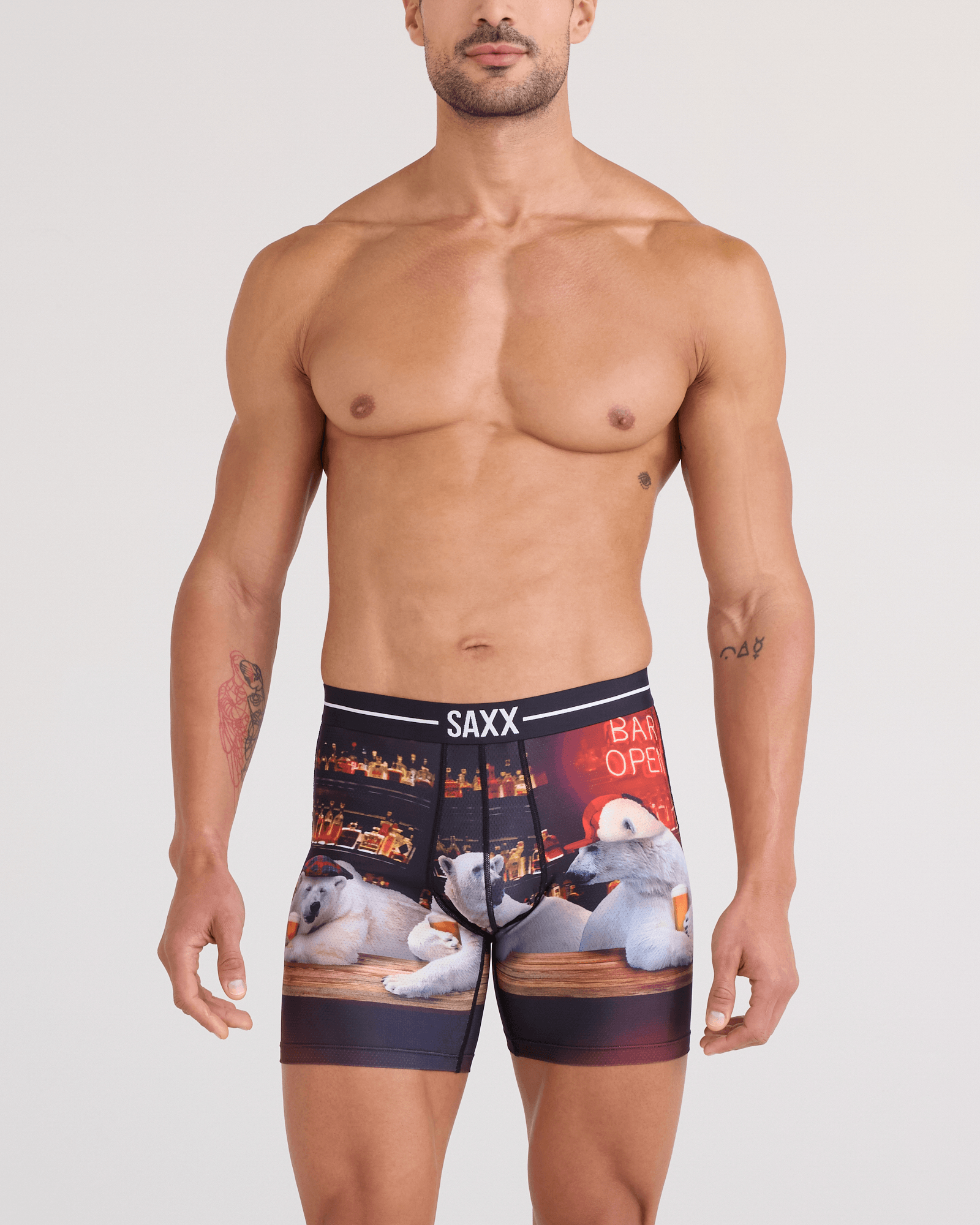 Front - Model wearing  Volt Breathable Mesh Boxer Brief in Da Bears-Multi
