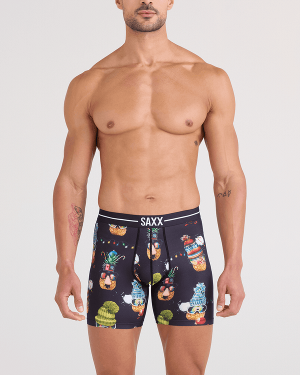 Front - Model wearing  Volt Breathable Mesh Boxer Brief in Deck The Pineapples-Black