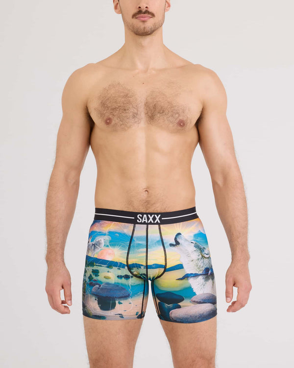 Front - Model wearing Volt Breathable Mesh Boxer Brief in I Dream Of Tahoe-Multi