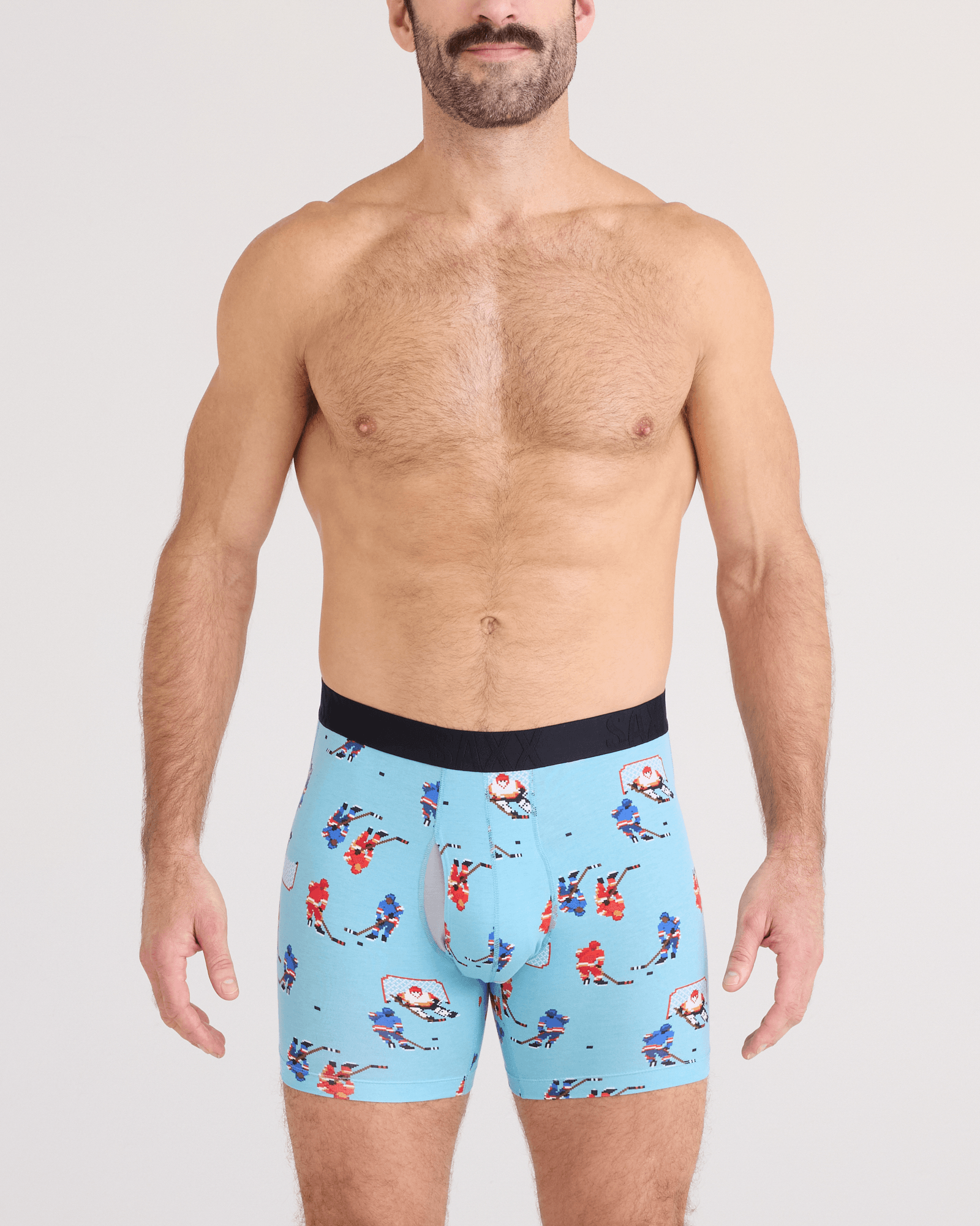 Front - Model wearing  DropTemp Cooling Cotton Boxer Brief Fly in Action On Ice-Blue Tide