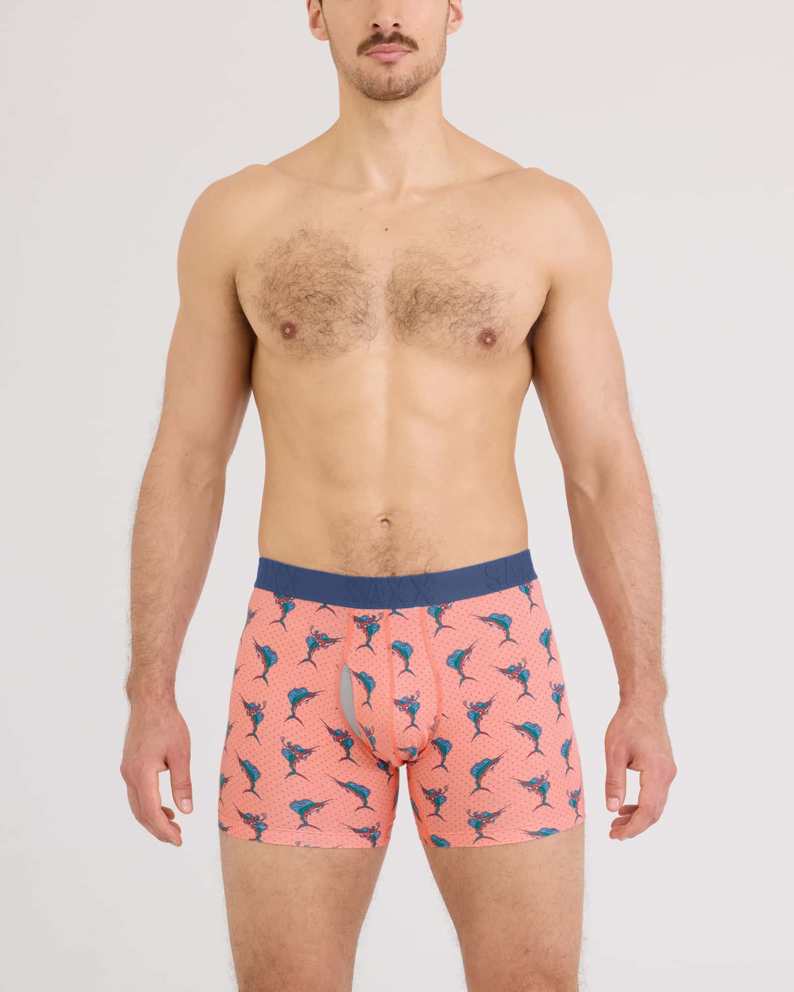 Front - Model wearing Droptemp Cooling Cotton Boxer Brief Fly in Big Catch-Desert Flower