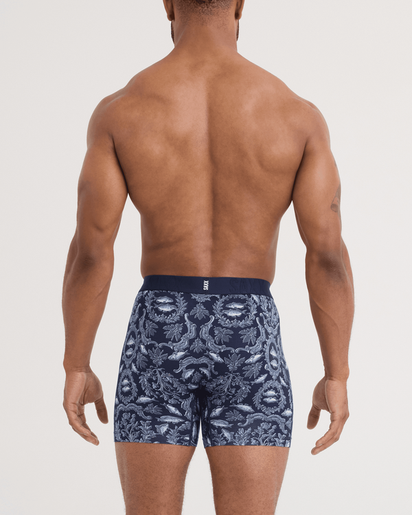 Back - Model wearing DropTemp Cooling Cotton Boxer Brief in Backsplash-Dark Ink