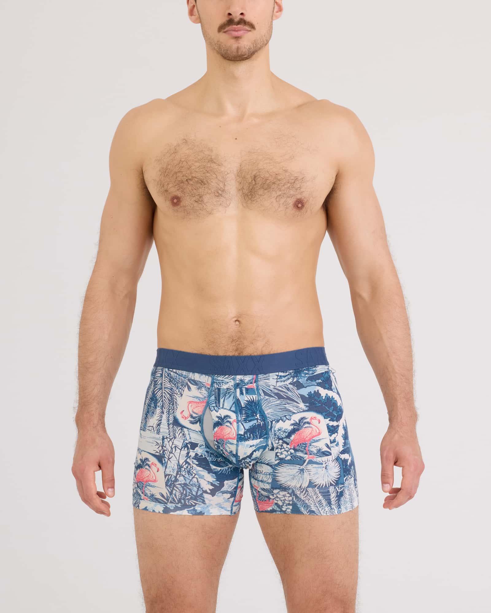 Front - Model wearing Droptemp Cooling Cotton Boxer Brief Fly in Botanique-Washed Indigo