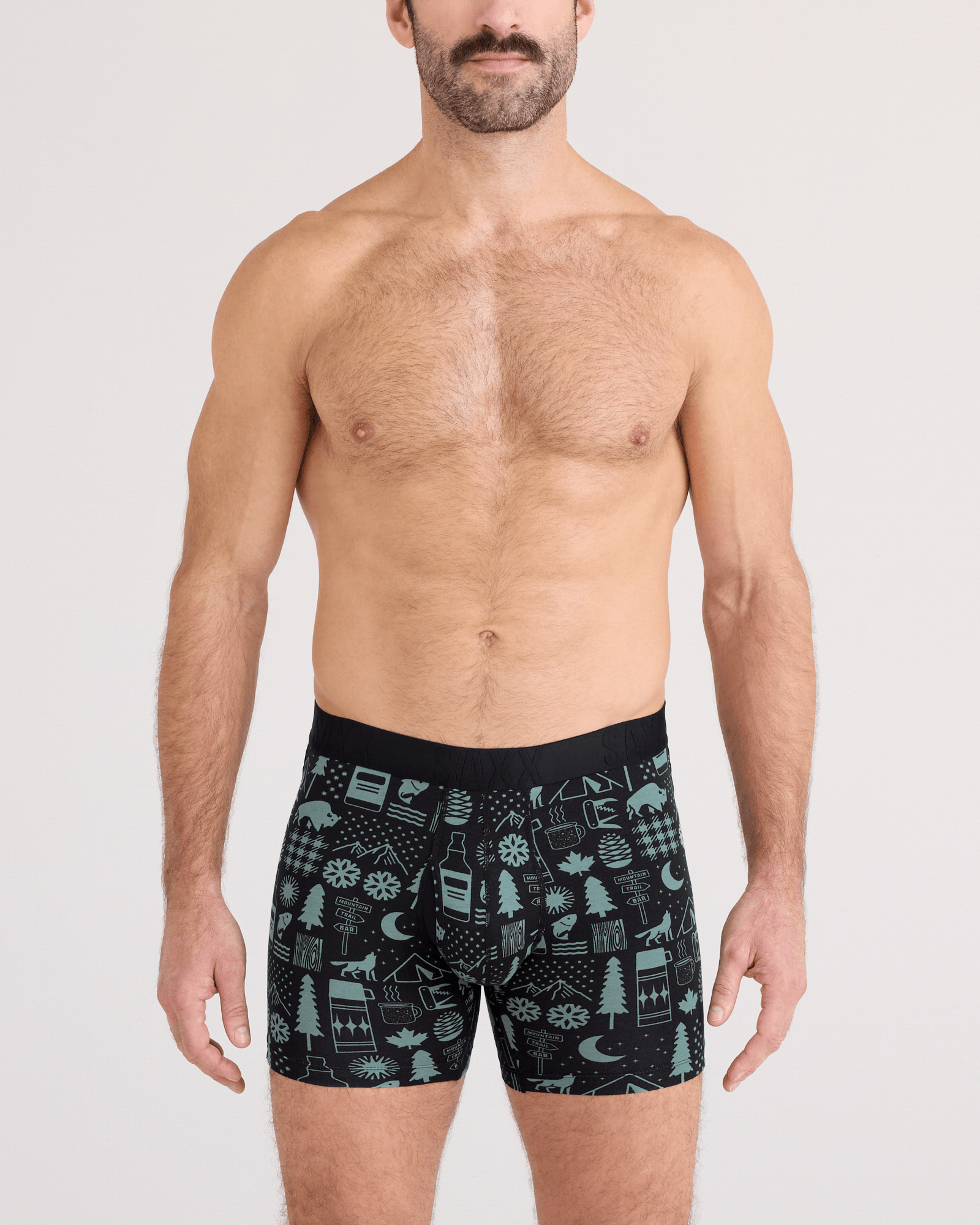 Front - Model wearing  DropTemp Cooling Cotton Boxer Brief Fly in Camp Stamps-Black