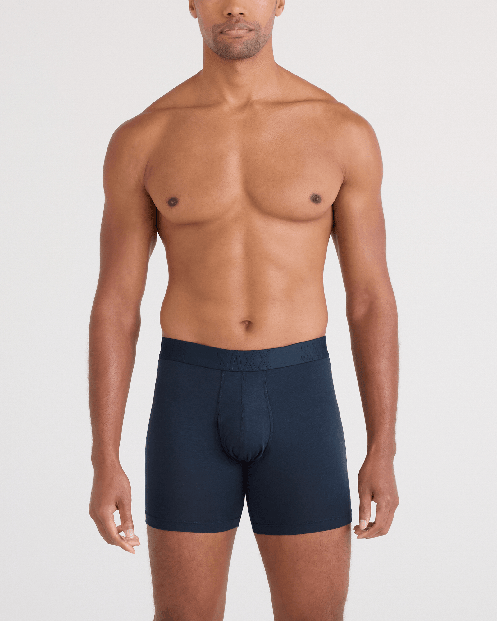 Front - Model wearing  DropTemp Cooling Cotton Boxer Brief Fly in Dark Ink