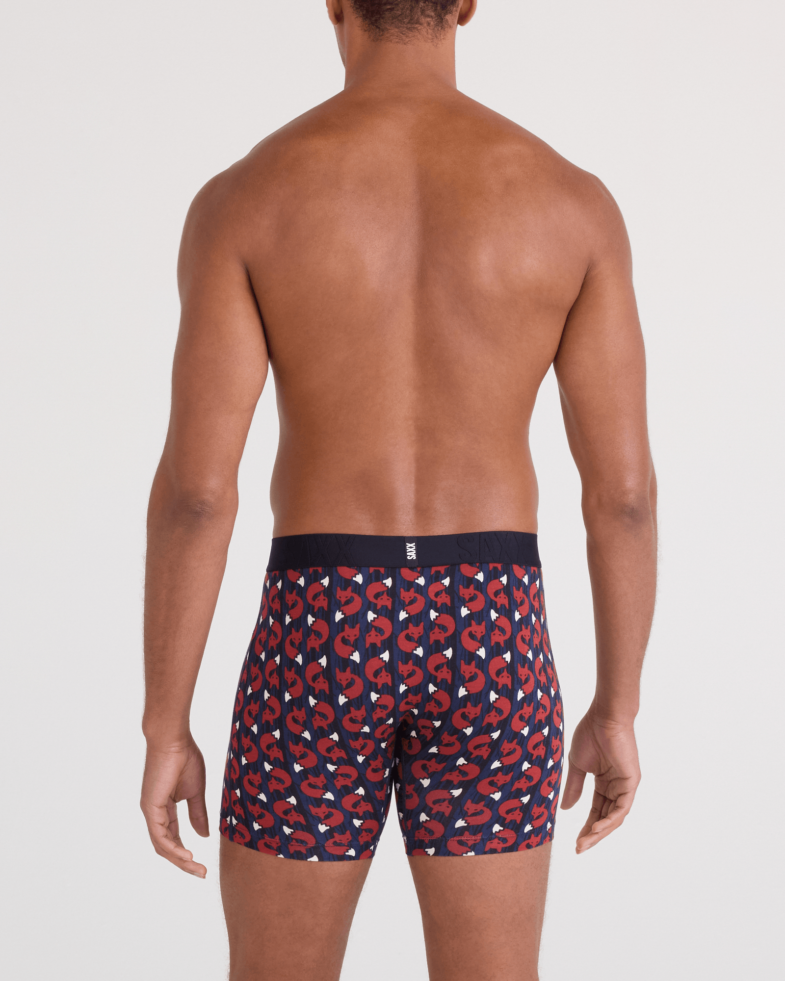 Back - Model wearing  DropTemp Cooling Cotton Boxer Brief Fly in Fox Check-Navy