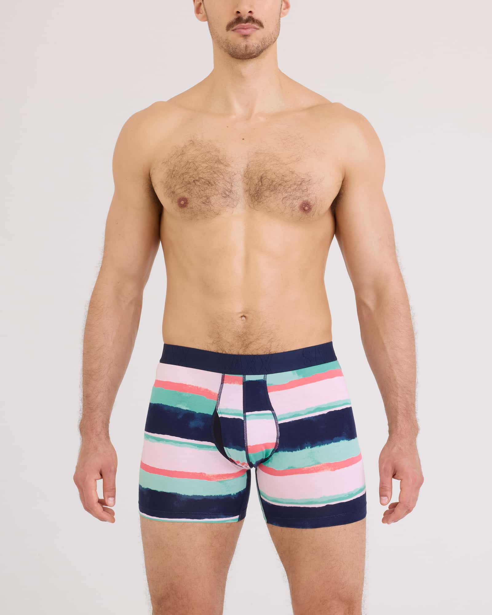Back - Model Wearing DropTemp Cooling Cotton Boxer Brief in H20 Stripe-Multi