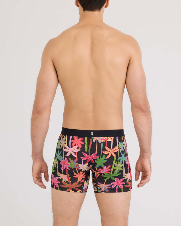 Back - Model wearing Droptemp Cooling Cotton Boxer Brief Fly in Mixed Palms-Black